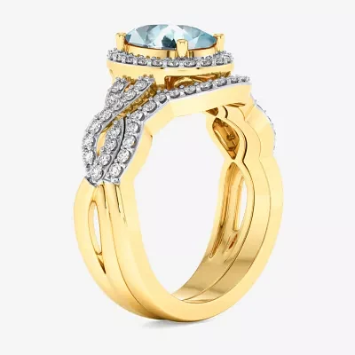 Modern Bride Gemstone Womens 1/2 CT. T.W. Genuine Blue Aquamarine 10K Gold Oval Side Stone Crossover Engagement Ring