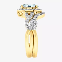 Modern Bride Gemstone Womens 1/2 CT. T.W. Genuine Blue Aquamarine 10K Gold Oval Side Stone Crossover Engagement Ring