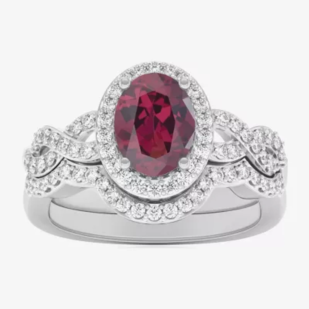 Modern Bride Gemstone Womens 1/2 CT. T.W. Genuine Red Garnet 10K White Gold Oval Side Stone Crossover Engagement Ring