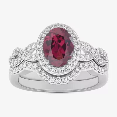 Modern Bride Gemstone Womens 1/2 CT. T.W. Genuine Red Garnet 10K White Gold Oval Side Stone Crossover Engagement Ring