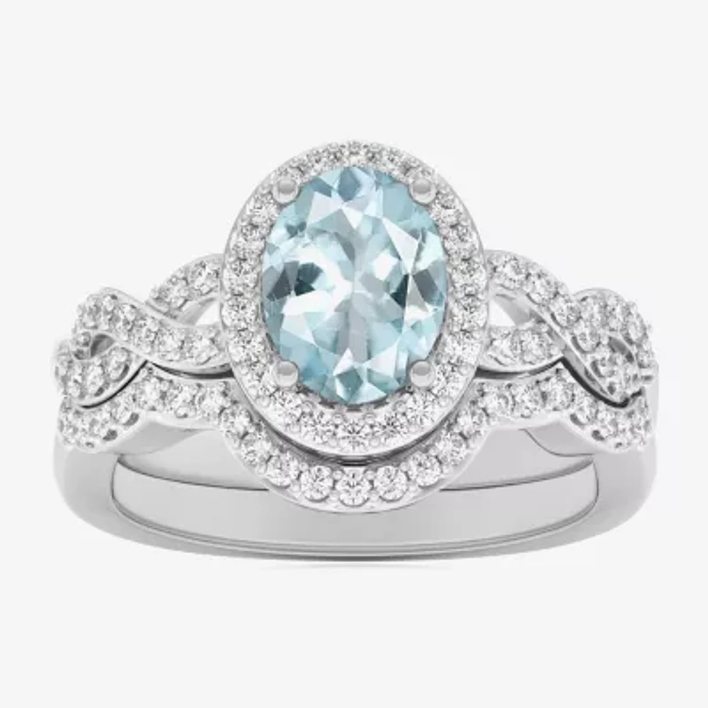 Modern Bride Gemstone Womens 1/2 CT. T.W. Genuine Blue Topaz 10K White Gold Oval Side Stone Crossover Engagement Ring