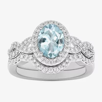 Modern Bride Gemstone Womens 1/2 CT. T.W. Genuine Blue Topaz 10K White Gold Oval Side Stone Crossover Engagement Ring