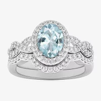 Modern Bride Gemstone Womens 1/2 CT. T.W. Genuine Blue Aquamarine 10K White Gold Oval Side Stone Crossover Engagement Ring