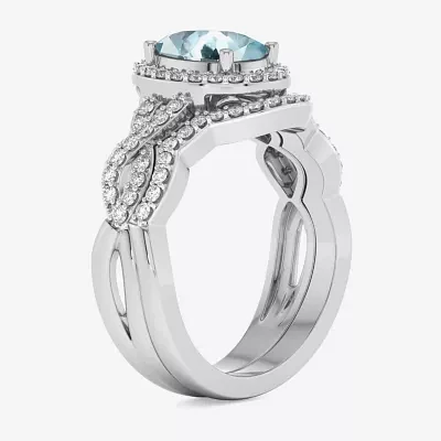 Modern Bride Gemstone Womens 1/2 CT. T.W. Genuine Blue Aquamarine 10K White Gold Oval Side Stone Crossover Engagement Ring