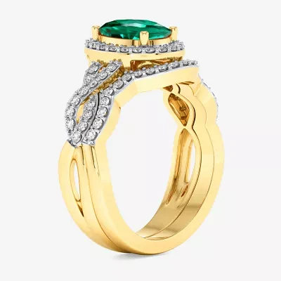 Modern Bride Gemstone Womens 1/2 CT. T.W. Genuine Green Emerald 10K Gold Oval Side Stone Crossover Engagement Ring