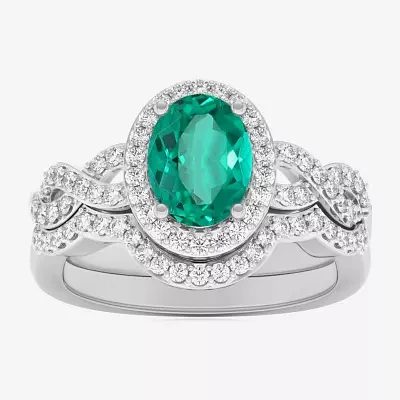Modern Bride Gemstone Womens 1/2 CT. T.W. Genuine Green Emerald 10K White Gold Oval Side Stone Crossover Engagement Ring