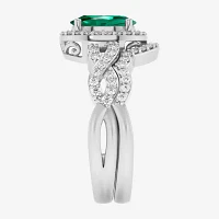 Modern Bride Gemstone Womens 1/2 CT. T.W. Genuine Green Emerald 10K White Gold Oval Side Stone Crossover Engagement Ring