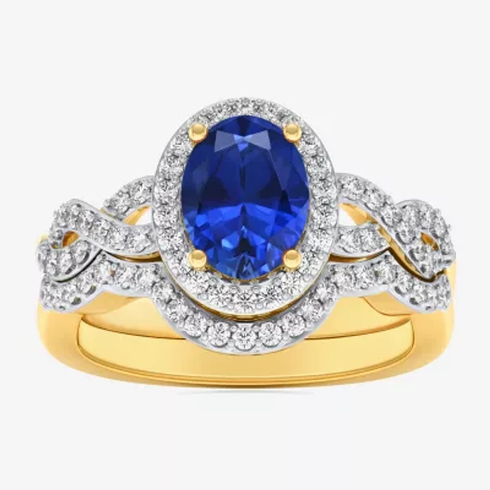 Modern Bride Gemstone Womens 1/2 CT. T.W. Genuine Blue Sapphire 10K Gold Oval Side Stone Crossover Engagement Ring