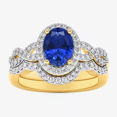 Modern Bride Gemstone Womens 1/2 CT. T.W. Genuine Blue Sapphire 10K Gold Oval Side Stone Crossover Engagement Ring