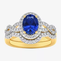 Modern Bride Gemstone Womens 1/2 CT. T.W. Genuine Blue Sapphire 10K Gold Oval Side Stone Crossover Engagement Ring