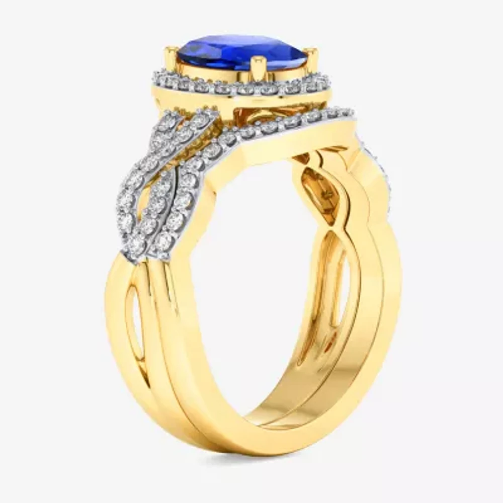 Modern Bride Gemstone Womens 1/2 CT. T.W. Genuine Blue Sapphire 10K Gold Oval Side Stone Crossover Engagement Ring