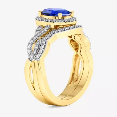 Modern Bride Gemstone Womens 1/2 CT. T.W. Genuine Blue Sapphire 10K Gold Oval Side Stone Crossover Engagement Ring