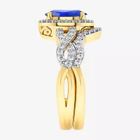 Modern Bride Gemstone Womens 1/2 CT. T.W. Genuine Blue Sapphire 10K Gold Oval Side Stone Crossover Engagement Ring