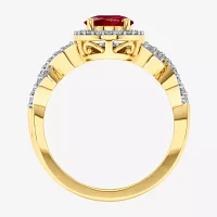 Modern Bride Gemstone Womens 1/2 CT. T.W. Lead Glass-Filled Red Ruby 10K Gold Oval Side Stone Crossover Engagement Ring