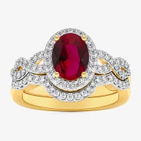 Modern Bride Gemstone Womens 1/2 CT. T.W. Lead Glass-Filled Red Ruby 10K Gold Oval Side Stone Crossover Engagement Ring