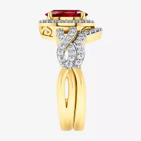 Modern Bride Gemstone Womens 1/2 CT. T.W. Lead Glass-Filled Red Ruby 10K Gold Oval Side Stone Crossover Engagement Ring