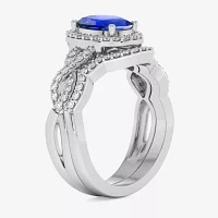 Modern Bride Gemstone Womens 1/2 CT. T.W. Genuine Blue Sapphire 10K Gold Oval Side Stone Crossover Engagement Ring