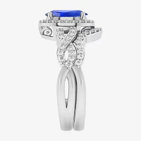 Modern Bride Gemstone Womens 1/2 CT. T.W. Genuine Blue Sapphire 10K Gold Oval Side Stone Crossover Engagement Ring