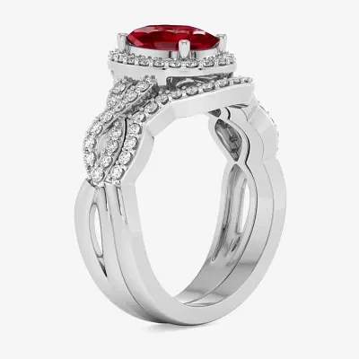 Modern Bride Gemstone Womens 1/2 CT. T.W. Lead Glass-Filled Red Ruby 10K White Gold Oval Side Stone Crossover Engagement Ring