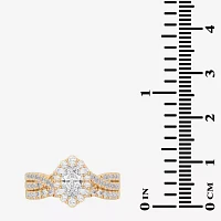 (G-H / Si1-Si2) Womens 1 1/3 CT. T.W. Lab Grown White Diamond 10K Gold Oval Side Stone Halo Bridal Set