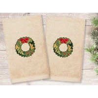 Linum Home Textiles Christmas Wreath Embroidered 2-pc. Hand Towels