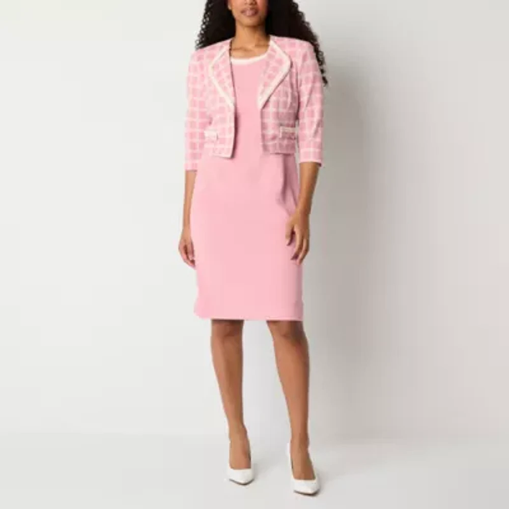 Maya Brooke Womens Pearl Trim Plaid Jacket Dress