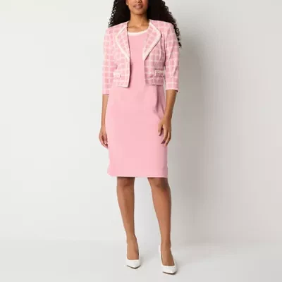 Maya Brooke Womens Pearl Trim Plaid Jacket Dress