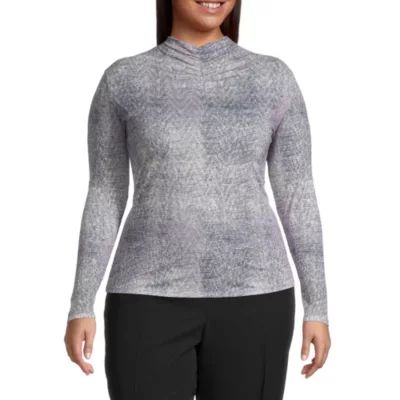 Worthington Plus Womens Mock Neck Long Sleeve Blouse