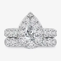 (I / I1) Womens 4 CT. T.W. Lab Grown White Diamond 10K Gold Pear Side Stone Halo Bridal Set