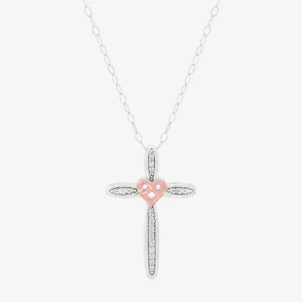 Womens 1/10 CT. T.W. Natural White Diamond 10K Rose Gold Over Silver Sterling Silver Cross Pendant Necklace