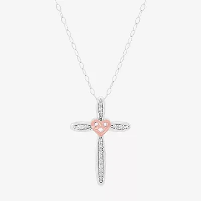 Womens 1/10 CT. T.W. Natural White Diamond 10K Rose Gold Over Silver Sterling Silver Cross Pendant Necklace