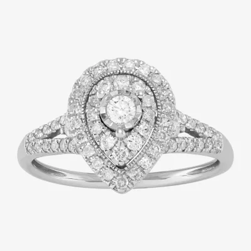 Womens 1/2 CT. T.W. Natural White Diamond 10K White Gold Pear Halo Engagement Ring