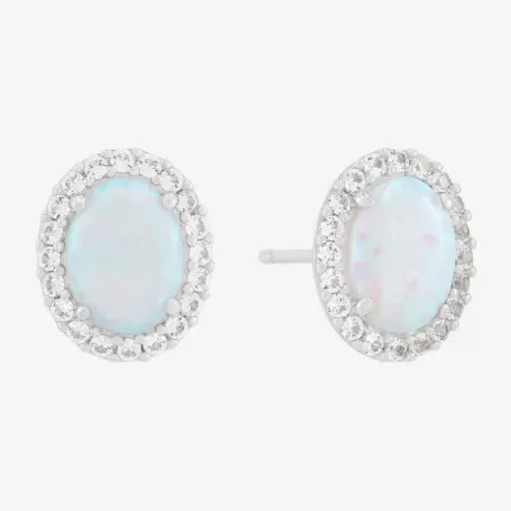 Lab Created White Opal Sterling Silver 10.3mm Oval Stud Earrings