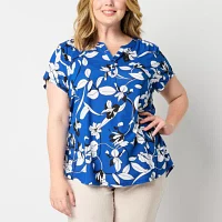 Liz Claiborne Plus Womens Split Crew Neck Short Sleeve Blouse