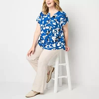 Liz Claiborne Plus Womens Split Crew Neck Short Sleeve Blouse