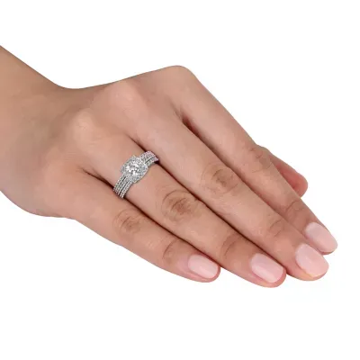Modern Bride Gemstone Womens Diamond Accent Lab Created White Sapphire Sterling Silver Cushion Halo Bridal Set