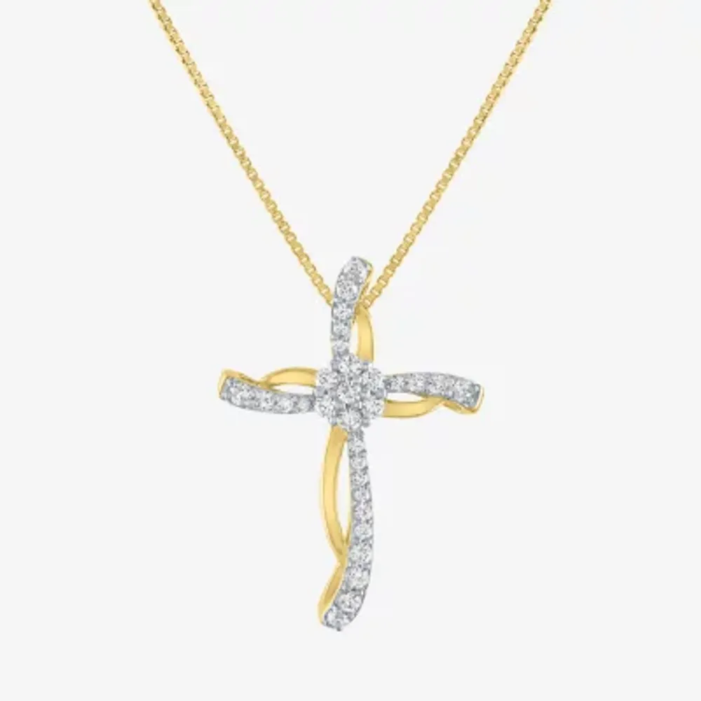 Diamond Blossom Womens 1/4 CT. T.W. Natural White Diamond 14K Gold Over Silver Sterling Silver Cross Pendant Necklaces