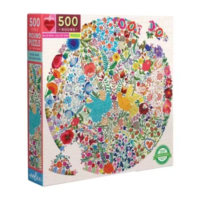 Eeboo Piece And Love Blue Bird Yellow Bird 500 Piece Adult   Round Jigsaw Puzzle Puzzle