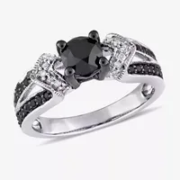 Womens 1 CT.T.W. Color Enhanced Round Black & White Diamond Sterling Silver Engagement Ring