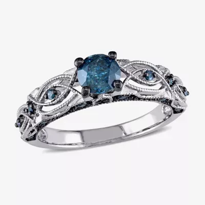 Womens 3/4 CT. T.W. Natural Blue Diamond 10K Gold Round Engagement Ring