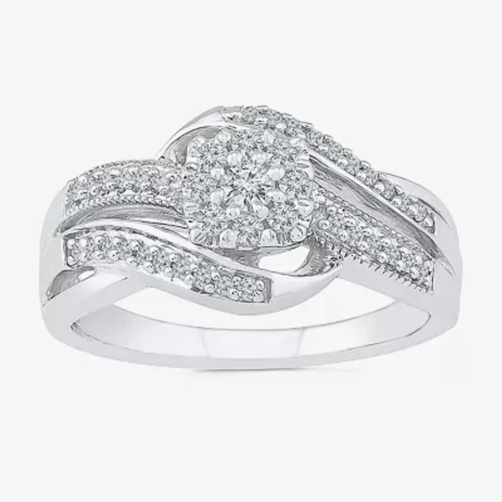 Womens 1/3 CT. T.W. Natural White Diamond Sterling Silver Round Cushion Side Stone Crossover Engagement Ring
