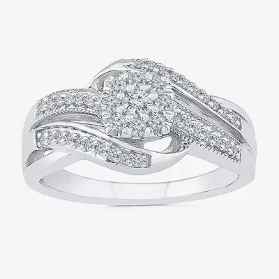 Womens 1/3 CT. T.W. Mined White Diamond Sterling Silver Round Cushion Side Stone Crossover Engagement Ring