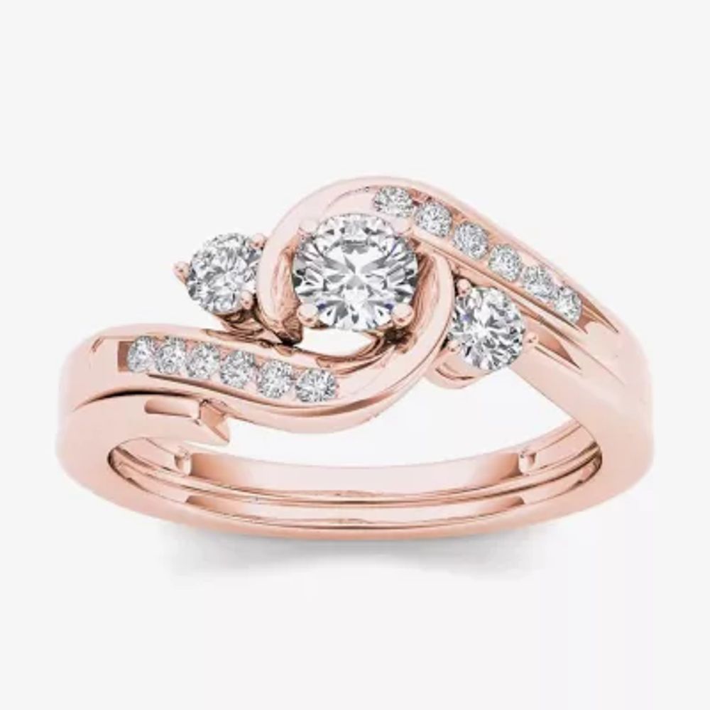 1/2 CT.T.W. Natural Diamond 10K Rose Gold 3-Stone Bypass Ring Set