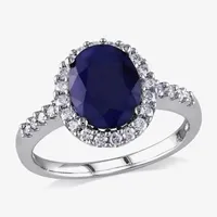 Modern Bride Gemstone Womens 3/8 CT. T.W. Genuine Blue Sapphire 14K Gold Oval Side Stone Halo Engagement Ring