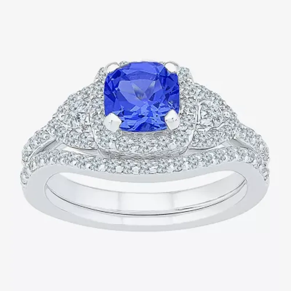 Modern Bride Gemstone Womens Blue & White Lab Created Sapphire Sterling Silver Bridal Set