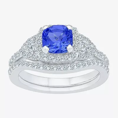 Modern Bride Gemstone Womens Blue & White Lab Created Sapphire Sterling Silver Bridal Set