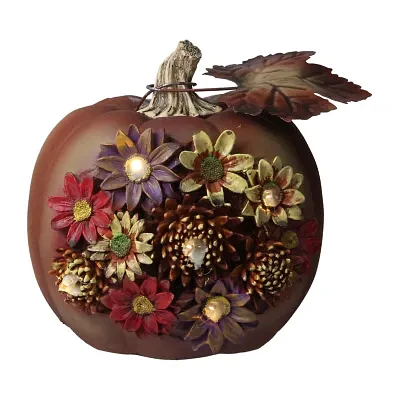 Northlight "7.5"" Brown Solar Powered Floral Pumpkin Outdoor Decoration" Thanksgiving Yard Art