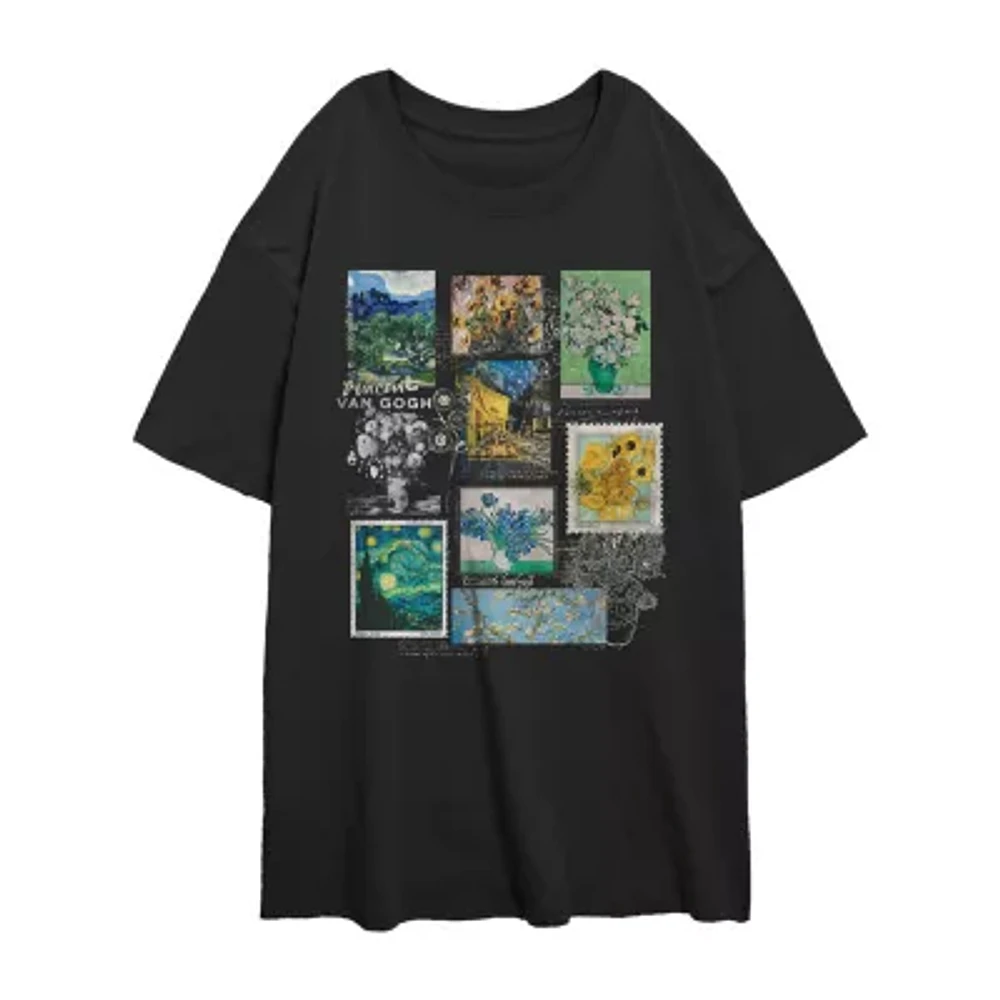 Juniors Van Gogh Collage Oversized Tee Womens Crew Neck Short Sleeve Graphic T-Shirt