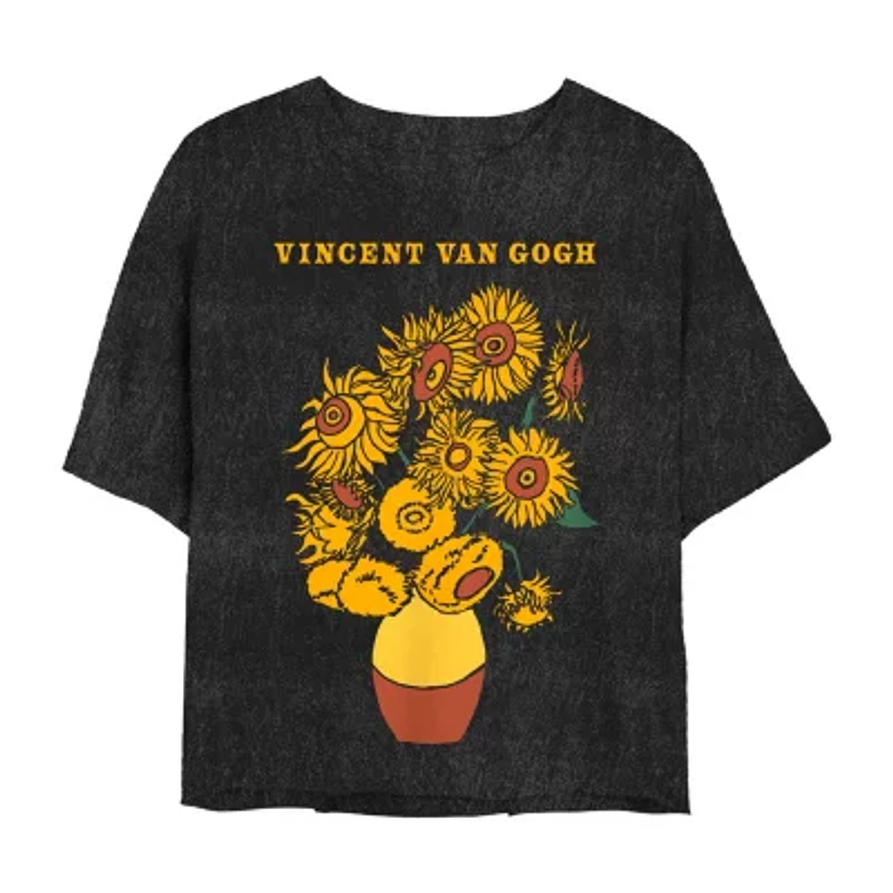 Juniors Van Gogh Sunflowers Cropped Tee Womens Crew Neck Short Sleeve Graphic T-Shirt