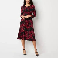 Studio 1 Womens Long Sleeve Floral Fit + Flare Dress